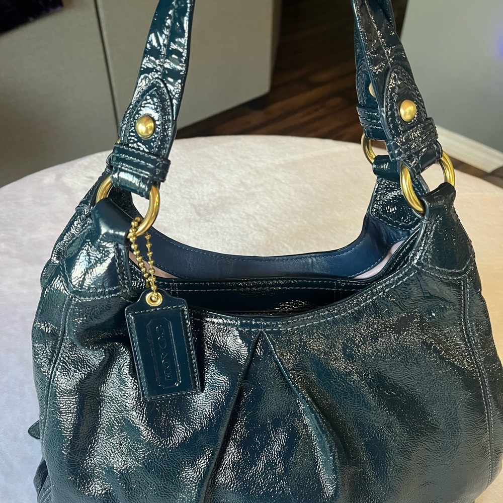 Coach Teal Patent Leather Shoulder Bag with Gold Hardware